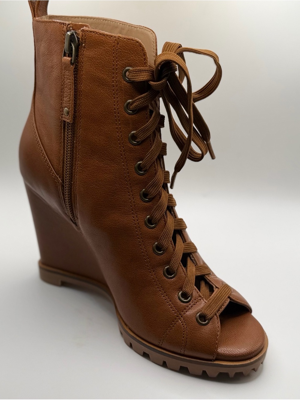 Paolo Brown Lace-Up Peep-Toe Wedge Bootie